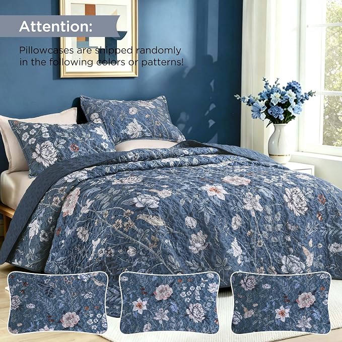 Litanika Floral Navy Quilt Oversized King - 3Pcs Botanical Birds Bed Set | Super King Plus Blue Bedspread Summer Lightweight Soft Coverlet for All Seasons(128"x120")