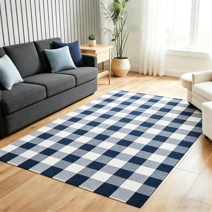 Buffalo Plaid Outdoor Rug 4x6 Ft Navy Blue and White Checkered Area Rug Washable Indoor Outdoor Rugs for Entryway,Hallway, Kitchen, Living Room, Dining Room, Bedroom