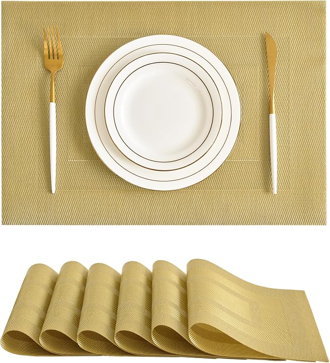 Leetaltree Gold Frame Placemats Set of 6 - Heat Resistant Non-Slip Place Mats for Dining Table, Washable Durable PVC Vinyl Woven Table Mats（Gold Frame, 6）