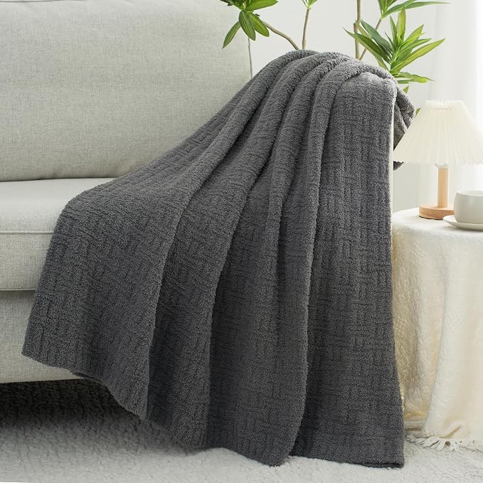Grey Ultra Soft Knit Throw Blanket for Couch,60"X80" Microfiber Fluffy Cozy Warm Knitted Blankets with Checked Pattern for Sofa Bed