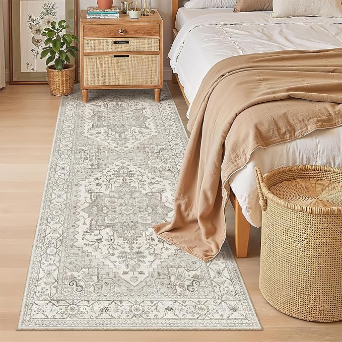 Madane Hallway Runner 3x8, Kitchen Rugs Washable Entry Rug, Beige/Brown | Vintage Non Slip Entryway Indoor Area Rugs, Soft Low-Pile Farmhouse Wide Carpet Runners for Bathroom Living Room Bedroom