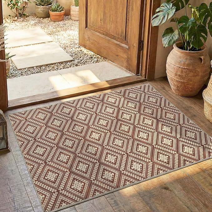 jinchan 2x3 Faux Jute Area Rug Washable Tile-Inspired Rug, Terracotta Brown | Vintage Geometric, Non-Slip, Low Pile, Indoor Outdoor, High-Traffic, Kitchen, Entryway, Bathroom, Laundry Room, Porch Balcony