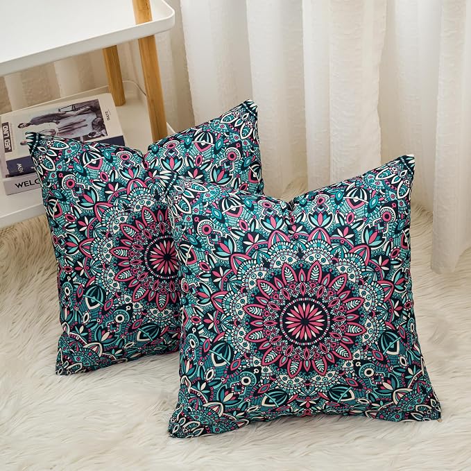 Boho Throw Pillow Covers 18X18 Inch Set of 2 Bohemian Soft Velvet Couch Pillow Cases Farmhouse Decorative Pillow Covers for Sofa Living Room Bedroom Outdoor Patio Porch Teal Geo