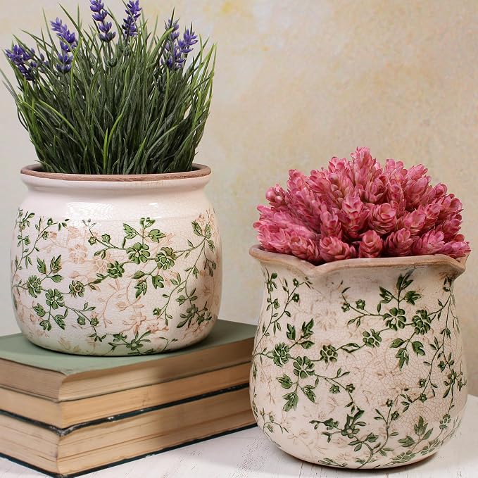 Vintage Country Ceramic Vase and Planters, English Cottage Garden Decor | 6.29" Small Plant Pots Indoor with Drainage, Sage Beige Floral Vases, Windowsill Windowsill Shelf Tabletop Decorations