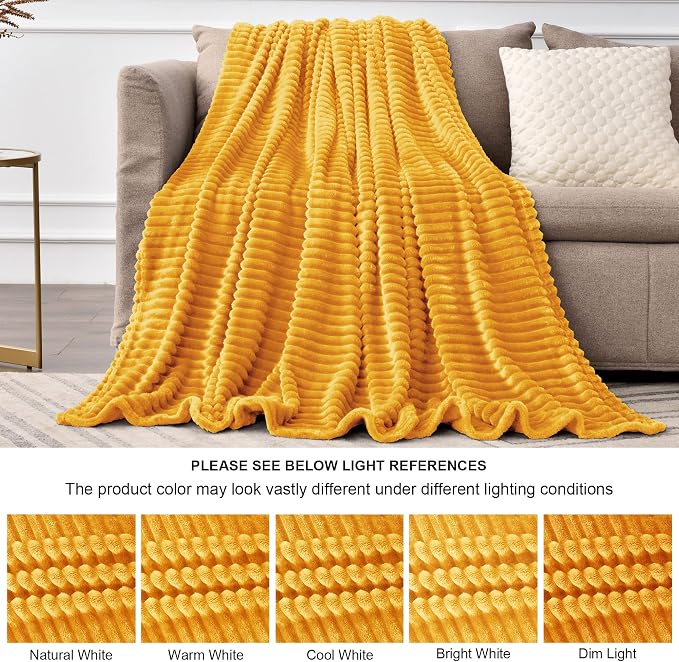 BEDELITE Ribbed Mustard Yellow Fleece Throw Blanket for Couch, 50x70 Inch | Soft Warm Decorative Fluffy Blanket, Cozy Plush Lightweight Fuzzy Throw Blanket for Bed Sofa Home Room Decor, Gift for Women