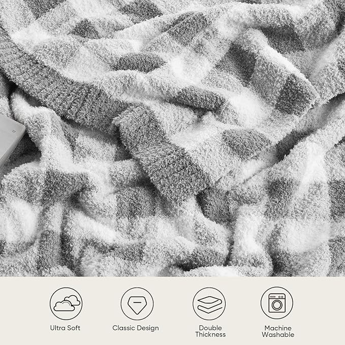 Snuggle Sac Buffalo Plaid Bedding Blanket Twin Size, Super Soft, Cozy Warm Knit Decorative Blankets, Reversible Plaid Fluffy Throws for Bed, Plaid Grey, 60x80 Inches