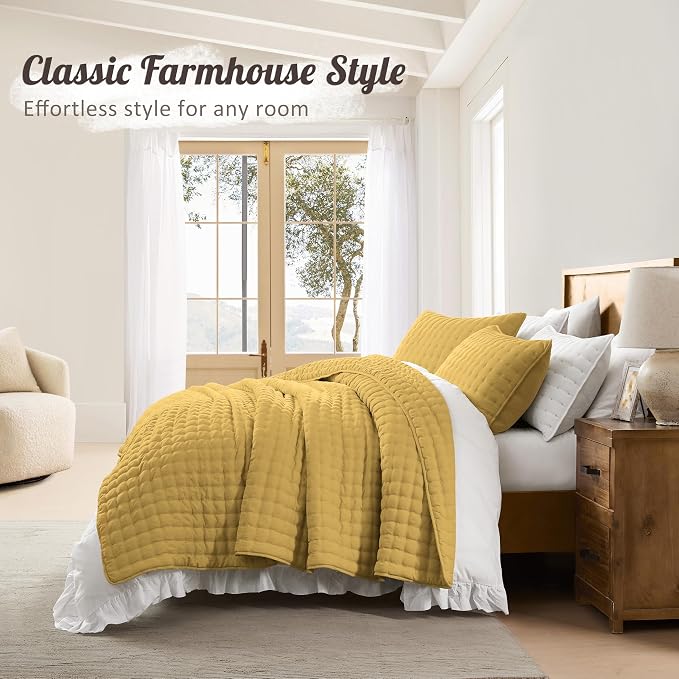 WDCOZY King Size Quilt Bedding Sets with 2 Pillow Shams, Lightweight Soft Bedspread Coverlet, Quilted Blanket Thin Comforter Bed Cover for All Season, 3 Pieces, 104x90 inches, Yellow