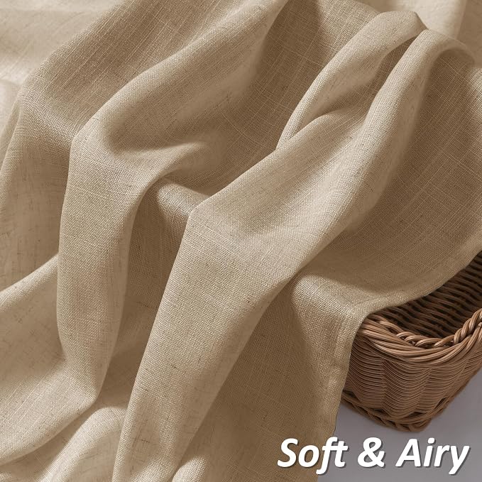 Sand Beige Linen Curtains 102 Inches Long Rod Pocket Semi Sheer Dining Room Cozy Bedroom Decor Cotton Look Country Rustic Farmhouse Boho Curtains 2 Panel Set,52x102