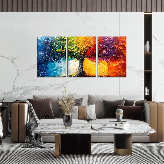 HUBOSKN Tree Art Pictures for Wall in Living Room - Colorful Canvas Wall Art for Bedroom - 3 Piece Wall Decor Size 16" x 24"