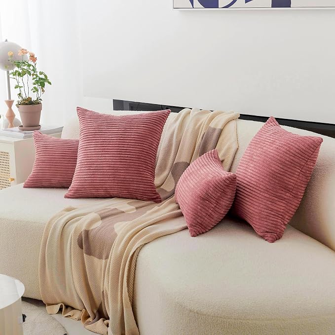 Home Brilliant 26x26 Pillow Covers Euro Shams Cover Large Solid Striped Corduroy Euro Throw Pillow Cushion Cover Sham for Patio, 26 x 26 inch, Dry Rose Pink