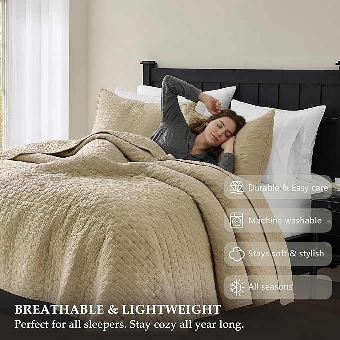 palassio Dark Beige 100% Cotton Quilt California Cal King Size Bedding Sets with 2 Pillow Shams, Oversized Lightweight Bedspread Shabby Chic Coverlet, Soft Bed Cover for All Season, 3 Pieces