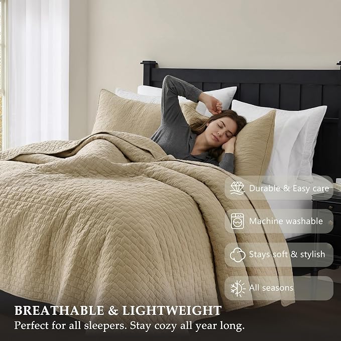 palassio Dark Beige 100% Cotton Quilt Twin Size Bedding Sets with 1 Pillow Sham, Textured Lightweight Soft Bedspread Shabby Chic Coverlet, Quilted Comforter Bed Cover for All Season, 2 Pieces