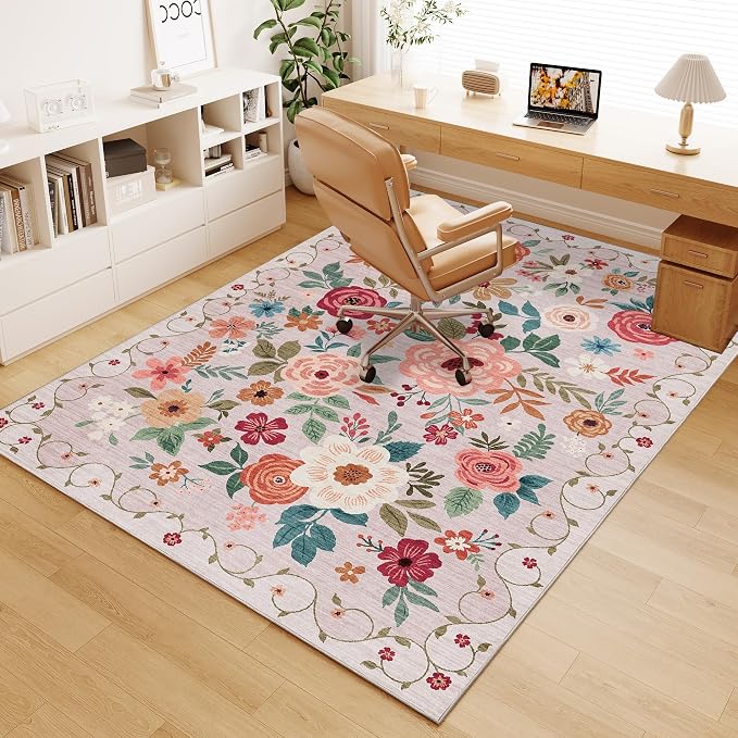 DUKINO 4x6 Area Rug, Floral Washable Rug Non Slip Office Chair Mat, Beige | Low Pile, Stain Resistant, Soft Indoor Rug for Bedroom, Living Room, Dining Room, Kids Room, Pet Friendly, Modern Home Decor