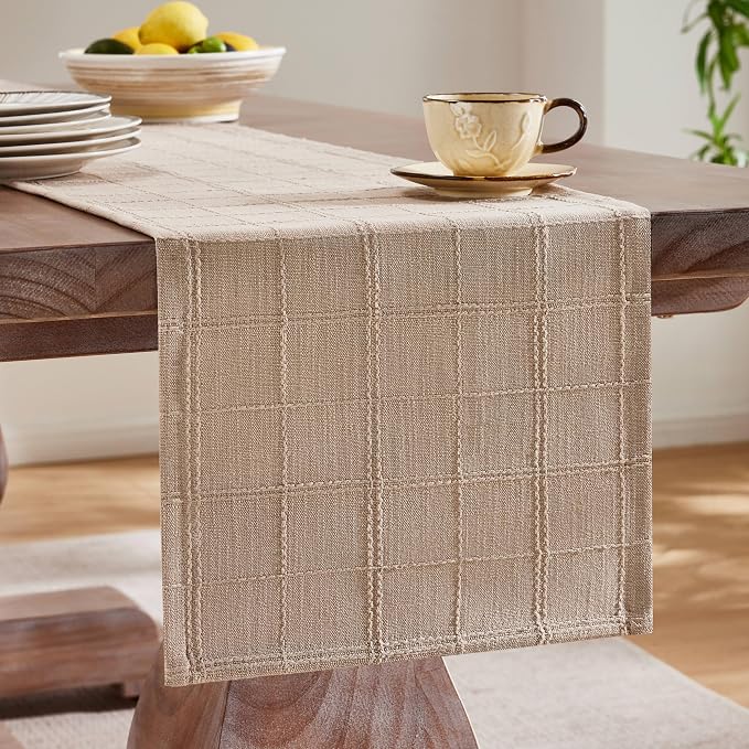 ZeeMart Linen Checked Farmhouse Table Runner, 13x108 Inches Taupe | Raised Grid Design, Rich Woven Texture, Linen Blend Table Runners 108 Inches Long, Machine Washable, Boho Home Kitchen Decor