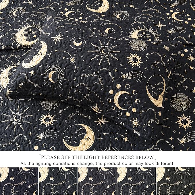EXQ Home Quilt Set Twin Size Black Print Black Sun Starry Pattern | Soft Microfiber Bedspread, Breathable & Wrinkle-resistant Coverlet. All-season Use for Hot Sleepers. 2-pc Set with 1 Sham