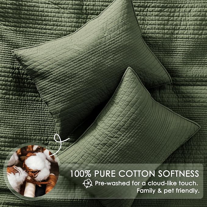 palassio Striped Olive Green 100% Cotton Quilt Twin Size Bedding Sets, Lightweight Crinkly Channel Pick Stitch Textured Bedspread Soft Shabby Chic Farmhouse Country Coverlet for All Season, 1 Sham
