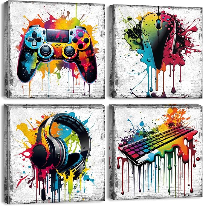 YOOOAHU Game Wall Decor Gaming Art Graffiti Gamepad Headphones Canvas Pictures Gamer Room for Boys Street Pop Bedroom Dorm Playroom Cave Teen Men Cool Video Painting Modern Artwork 12x12'' 4 Pcs