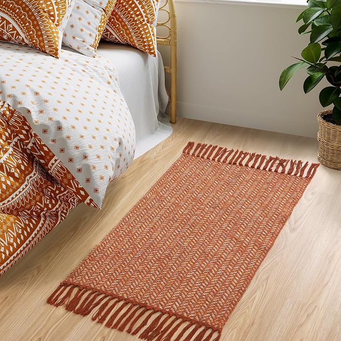 Lahome Boho Fall Bathroom Rugs, 2x3 Front Door Mat for Kitchen, Washable | Indoor Entryway Small Area Rug Woven Cotton with Tassels, Farmhouse Non Shedding Throw Low Pile Carpet for Bath Bedroom