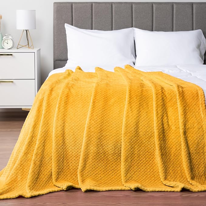 PAVILIA Mustard Yellow Fleece Throw Blanket for Couch Sofa Bed, Soft Fuzzy Waffle Jacquard Microfiber, Warm Lightweight Fade-Resistant Decorative All Season Throw, 60x80 Twin