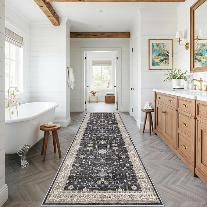 Washable 4x12ft Wide Hallway Runners - Non-Slip Vintage Kitchen Rugs with Rubber Backing Farmhouse Distressed Carpet for Dining Room Soft Thin Floor Mat for Living Room Bedroom (Black/Multi,4x12)