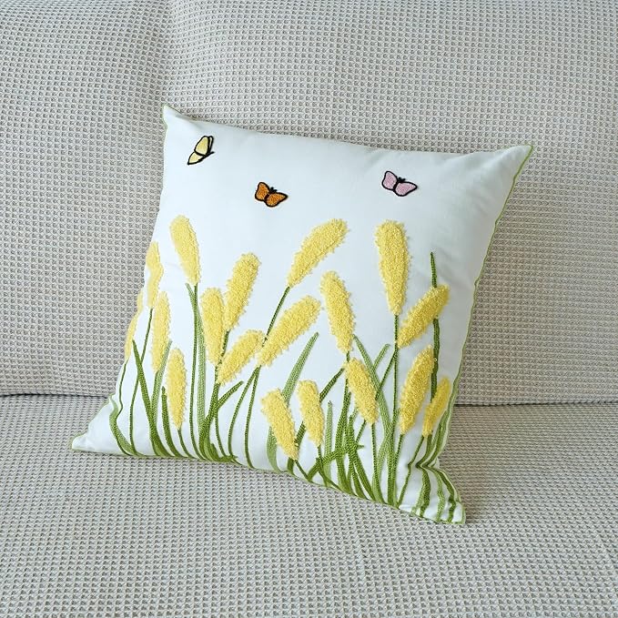 vctops Farmhouse Pampas Grass Cotton Tufted Throw Pillow Cover Boho Embroidery Pillowcase Soft Square Cushion Case for Sofa Couch Bed Chair (Yellow G,18"x18")