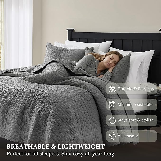 palassio Dark Grey 100% Cotton Quilt Queen Size Bedding Sets with 2 Pillow Shams, Textured Lightweight Soft Bedspread Shabby Chic Coverlet, Quilted Comforter Bed Cover for All Season, 3 Pieces