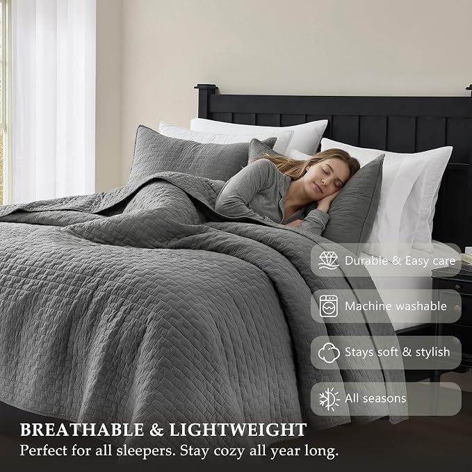 palassio Dark Grey 100% Cotton Quilt California Cal King Size Bedding Sets with 2 Pillow Shams, Oversized Lightweight Bedspread Shabby Chic Coverlet, Soft Bed Cover for All Season, 3 Pieces
