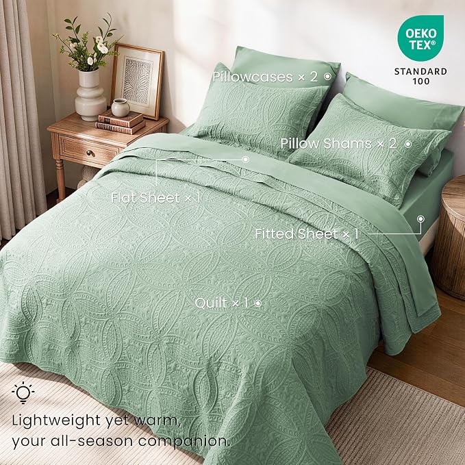 Love's cabin Queen Quilt Set Sage, Bed in a Bag Queen Size Bedding 7 Pieces, Ultrasonic Embossed Coin Pattern Comforter, Lightweight Bedspreads for All Seasons Quilt with Sheets, Pillowcases & Shams