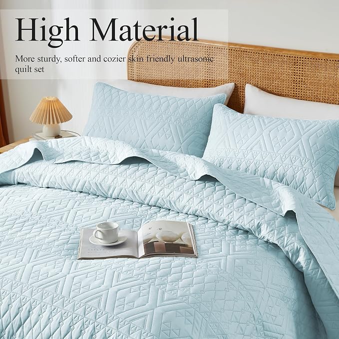 akkialla Full/Queen Size Quilt Bedding Set,Sky Blue Lightweight Microfiber Soft Bedspread,Modern Style Geoetric Pattern Coverlet Set for All Seasons,3 Piece(1 Quilt,2 Pillow Shams)