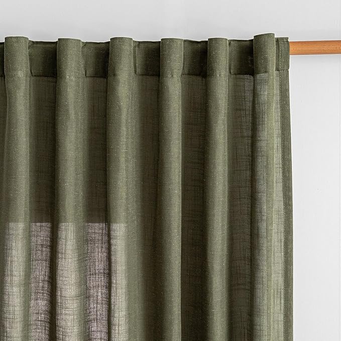 MYSKY HOME Curtains for Living Room 84 Inches Long Semi Sheer Light Filtering Privacy Drapes Linen Look Textured Boho Home Decor, Backdrop Curtain for Parties, 100" x 84", Olive Green, 1 Panel