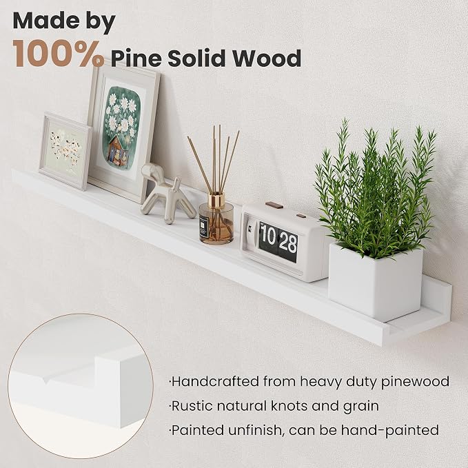 Acovy Floating Shelves for Wall, 24 inch Solid Wood Picture Ledge Shelf, Picture Shelf for Wall with Ledge, Floating Book Shelves for Living Room Bedroom Kitchen Nursery Decor, White, Set of 2