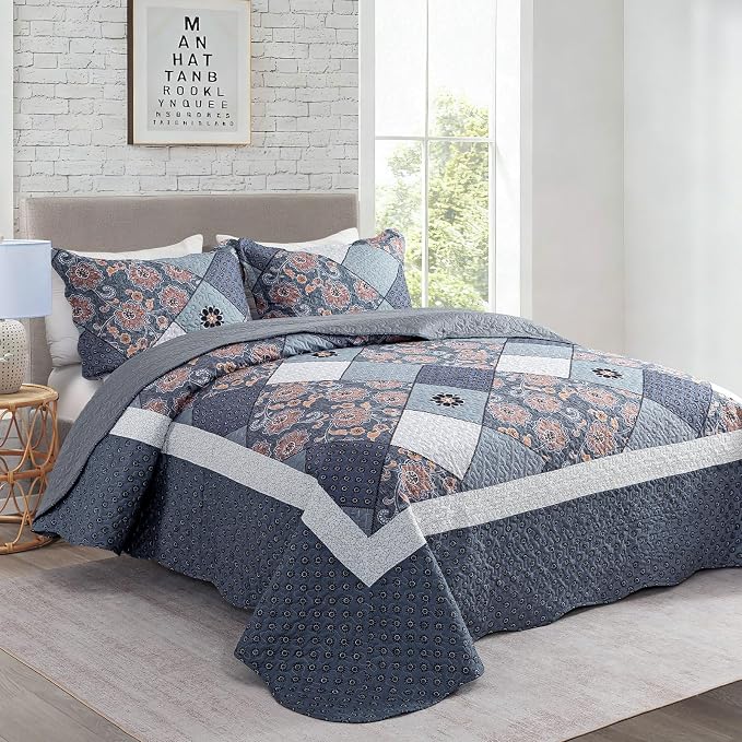 Travan 3-Piece King Bedspread Quilt Set Lightweight Coverlet Set Garden Style Floral Printed Oversized Quilted Bedding Set with Shams for All Season, Exquisite, King Size