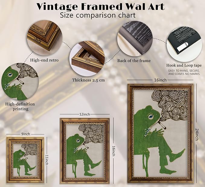Vintage Gold Framed Bar Wall Art, Funny Green Frog Smoking Canvas Print, Abstract Whimsical Animal Painting Picture, Humor Retro Amphibian Poster Artwork for Kitchen Dining Room Living Room