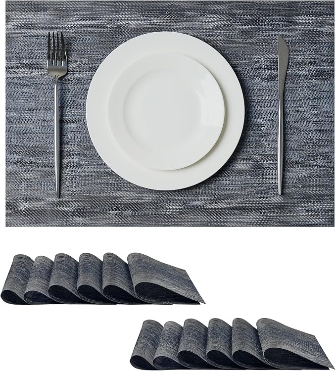 Leetaltree Denim Blue Placemats Set of 12 - Heat Resistant Non-Slip Place mats for Dining Table, Washable Durable PVC Vinyl Woven Table Mats（Denim Blue, 12）