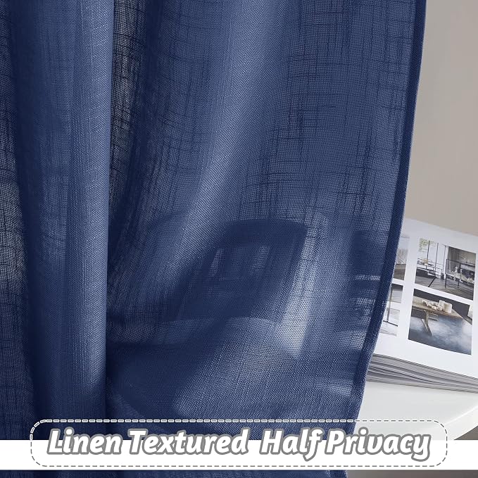 RYB HOME Curtains for Living Room - Linen Texture Sheer Farmhouse Country Curtains for Patio Sliding Glass Door French Door Bedroom Dining, Navy Blue, 52 x 95 inches, 2 Panels