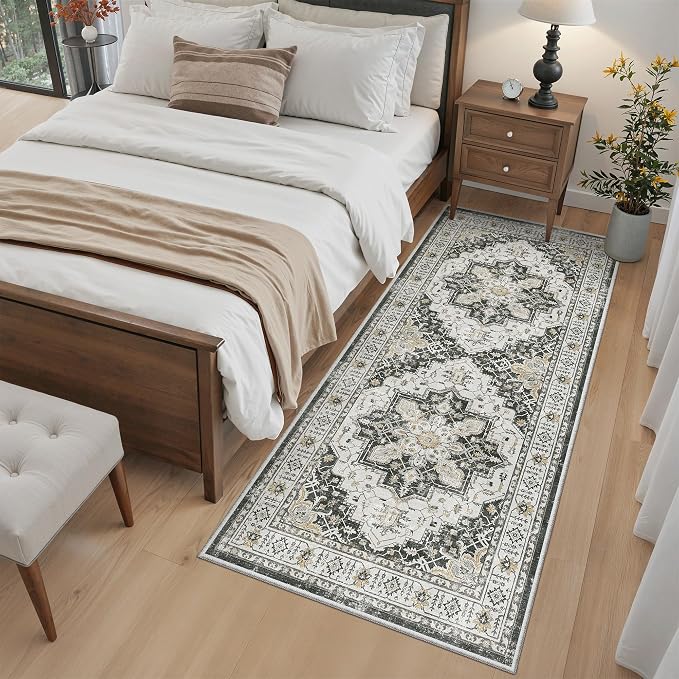 Madane Washable Runner Rug 3x6 Runners for Hallways Non Slip, Black | Vintage Stain-Resistant 6 Feet Kitchen Rug, Soft Low-Pile Ultra-Thin Floor Carpet Mat for Bathroom Laundry Room Bedroom 2x6ft