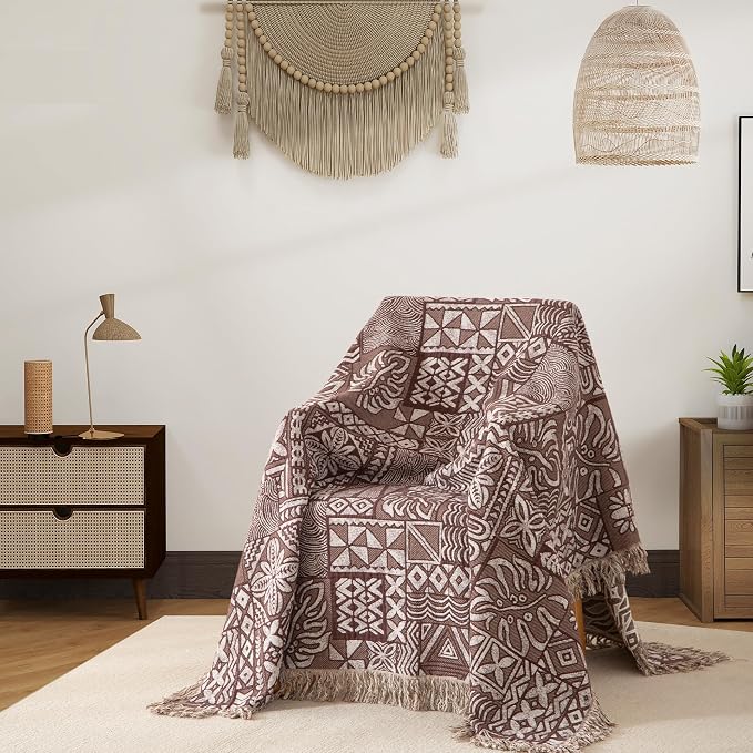 Phuryllic Boho Throw Blanket Twin Size, Soft Cozy Cotton Muslin Quilt Blanket for Bed Decor, Patchwork Block Couch Sofa Chair Cover, Vintage Farmhouse Cottage Tapestry Woven Blanket, Brown&White