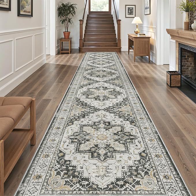 Madane Hallway Runner Rug 3x16 Washable Kitchen Runners Long, Black | Vintage Non-Slip Wide Area Rugs 16ft for Entryway, Low-Pile Farmhouse Indoor Floor Carpet for Living Room Bedroom