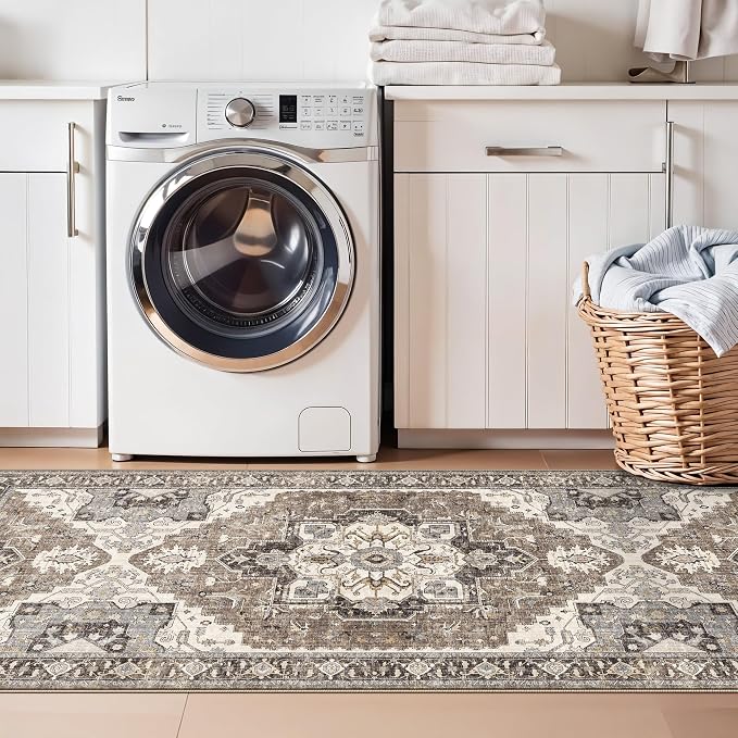 Kitchen Runner Rug 3x6 Non-Slip - Washable Vintage Rugs with Rubber Backing for Living Room Hallway Low Pile Easy Clean Carpet Soft Thin Lightweight Floor Mat for Bedroom Laundry Room(Beige,3x6)