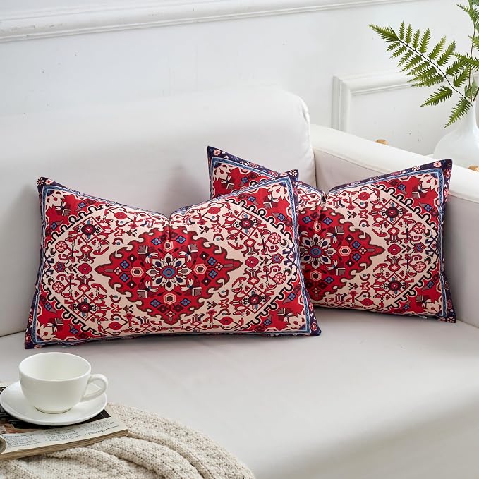 Red Lumbar Throw Pillow Covers 12x20 Inch Set of 2 Washable BOHO Vintage Style Decorative Throw Pillow Cases Soft Velvet Farmhouse Decor Retro Cushion Covers for Couch Sofa Bed Living Room Outdoor