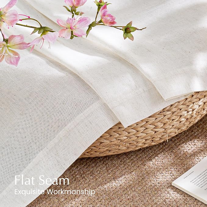 NICETOWN Linen Semi Sheer 108 inch Curtains for Living Room, Rod Pocket & Back Tab Thick Flax Linen Weave Drapes Privacy Added with Light Filtering for Bedroom, Cream, W55 x L108, 2 Panels