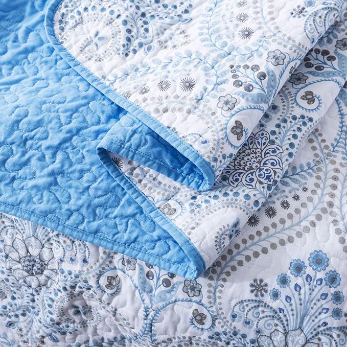 NEWLAKE Cotton Bedspread Quilt Sets-Reversible Patchwork Coverlet Set, Blue Classic Royal Pattern, King Size