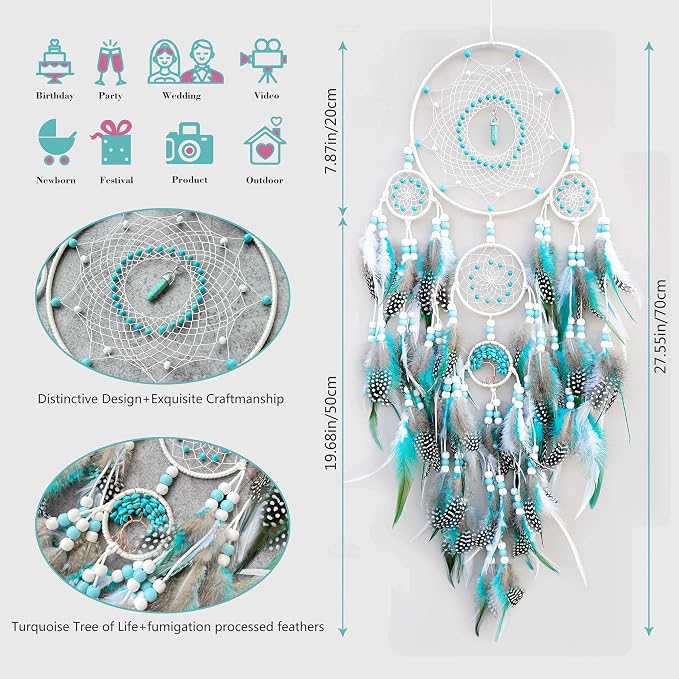 Large Dream Catchers,Boho Handmade Woven Turquoise Dream Catcher Wall Hanging Ornament for Bedroom Living Room Apartment Wedding Party Decor, Festival Blessing Gift (White+Turquoise)