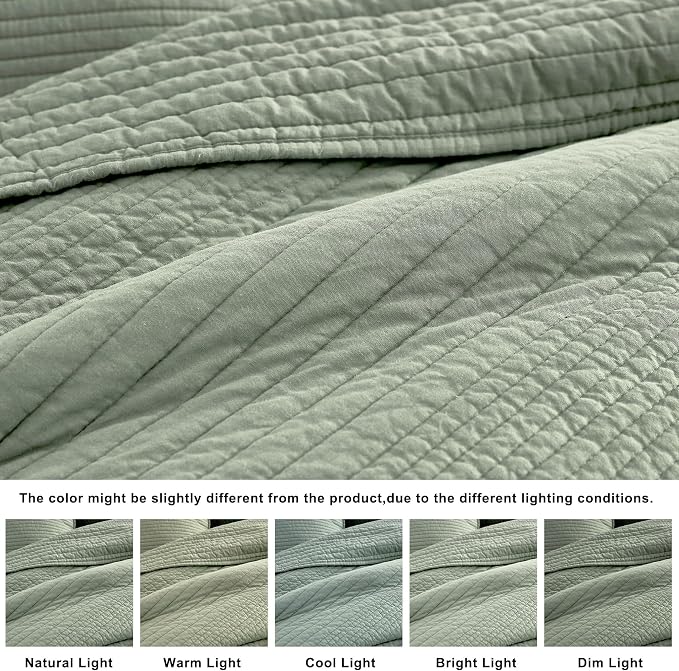 PALASSIO Striped Sage Green 100% Cotton Quilt California Cal King Size Bedding Set, Oversized Lightweight Channel Pick Stitch Textured Bedspread Soft Farmhouse Country Coverlet for All Season, 2 Shams