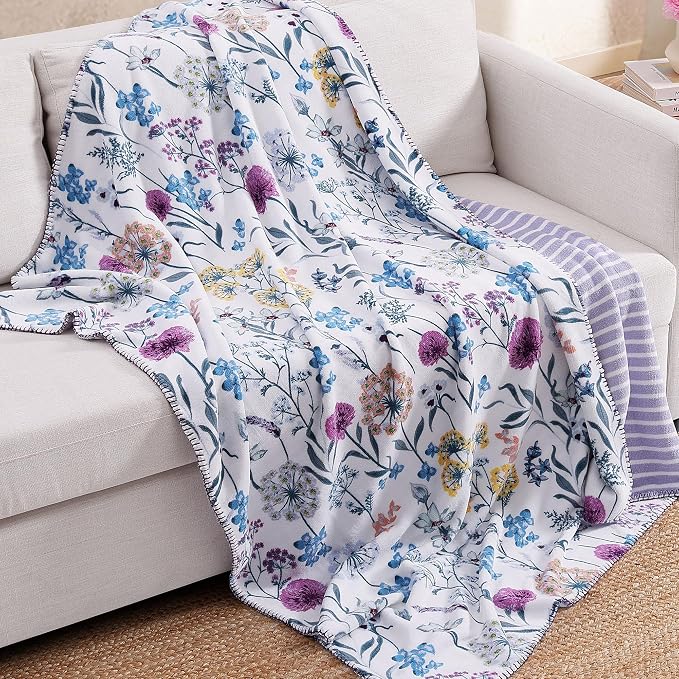 Floral Reversible Throw Blanket for Couch-Coco Flannel Soft Bed Blankets | Luxuriously Warm Fluffy Decor for Women, Mom, Her & Girls, Plush Throw for Sofa, Chair, 50x60in, Purple Dandelion