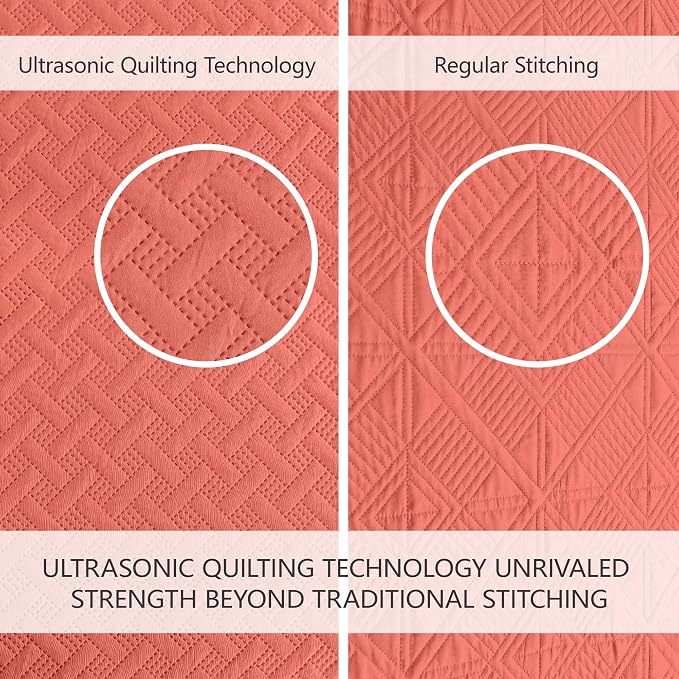 FLYMME Quilts King Size,Lightweight Coral Bedspreads,Basket Weave Pattern,Ultra Soft Microfiber Bed Coverlet 3 Pieces for All-Seasons (1 Quilt,2 Pillow Shams)