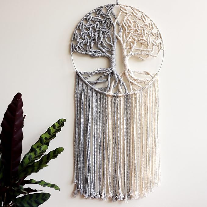 GUKALYLY Tree of Life Macrame Wall Hanging,Chic Handmade Woven Boho Home Décor,Eclectic Wall Decor for Bedroom Nursery Apartment Dorm Decoration,Gift for Teen Girl Mom(13" W X 31.5" L) (Grey&White)