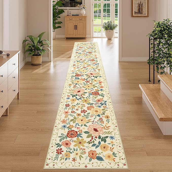 DUKINO 2x12 Washable Runner Rug, Non Slip Long Kitchen Rugs, Beige Yellow | Floral, Low Pile, Soft Indoor Rug Runner for Hallway, Entryway, Bedroom, Bathroom, Laundry, Pet Friendly, Modern Home Decor