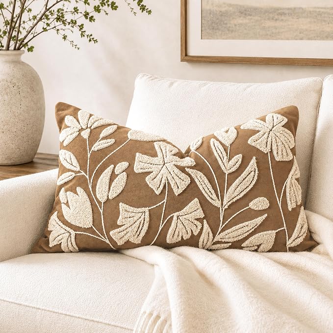 BlissBlush 12x20 Lumbar Pillow Cover, Rectangular Brown Decorative Throw Pillowcase for Couch Sofa, Embroidered Velvet Farmhouse Accent Cushion (Cover Only)