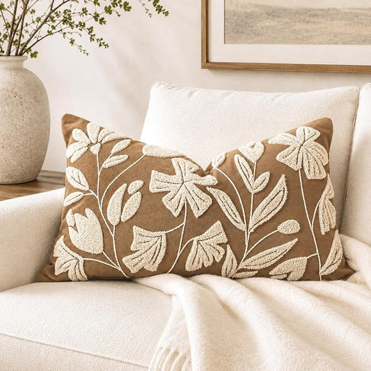 BlissBlush 12x20 Lumbar Pillow Cover, Rectangular Brown Decorative Throw Pillowcase for Couch Sofa, Embroidered Velvet Farmhouse Accent Cushion (Cover Only)